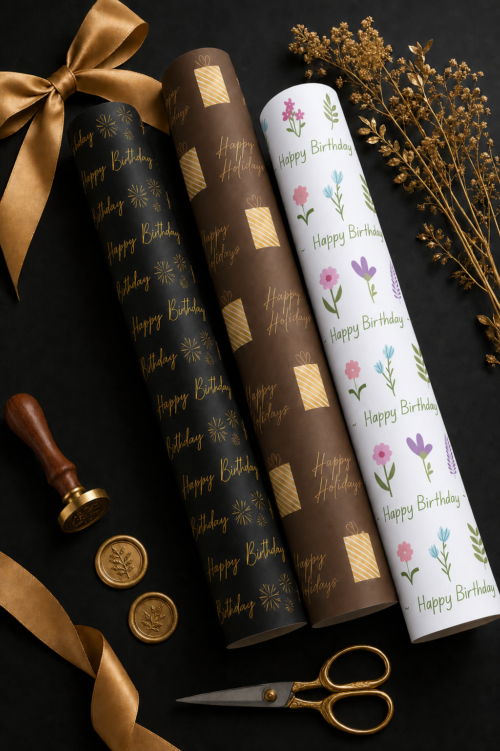 Nia & Paper luxury gift wrapping paper rolls — black gold birthday, gold holiday, and floral designs