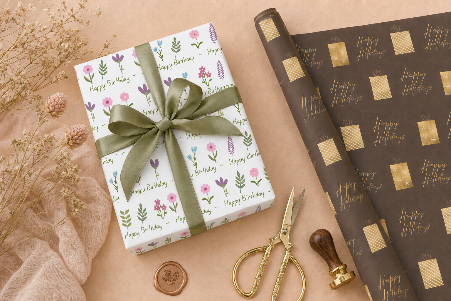 Beautifully wrapped gift with botanical flowers and gold scissors on a warm blush surface